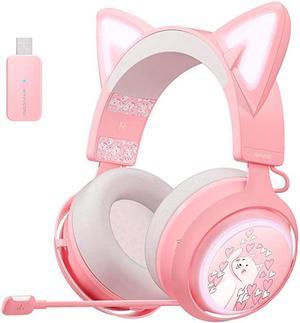 SOMiC Pink Cat Ear Headset Wireless Gaming Headsets for PS5/ PS4/ PC, 2.4G with Retractable Mic Noise Cancelling, 7.1 Stereo Sound,10H Playtime, RGB Lighting