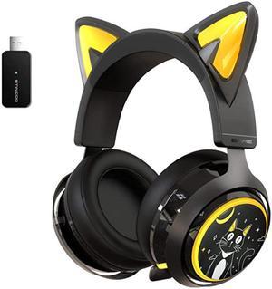 SOMiC Black Cat Ear Headset Wireless Gaming Headphones for PC/PS4-5, 2.4G with Retractable Mic Noise Cancelling, 7.1 Stereo Sound, RGB Lighting