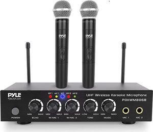 Portable UHF Wireless Microphone System - Battery Operated Dual Bluetooth Cordless Microphone Set, Includes 2 Handheld Transmitter Mic, Mixer Receiver, RCA, for PA Karaoke DJ Party - Pyle