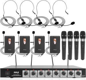 8 Channel Wireless Microphone System - Professional VHF Audio Mic Set with 1/4", XLR Jack - 4 Headset, 4 Clip Lavalier, 4 Handheld Mic, 4 Transmitter, Receiver - For Karaoke PA, DJ - Pyle