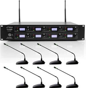 8 Channel Conference Microphone System - UHF Desktop, Table Meeting Wireless Microphones & Receiver w/ 8 Gooseneck Mics, Rack Mountable & LED Audio Signal Indicator Lights
