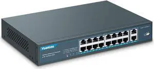 18 Port PoE Switch, 16 PoE+ Port 100Mbps, 2 Uplink Gigabit, 250W Built-in Power, 802.3af/at, Rackmount Unmanaged Plug and Play