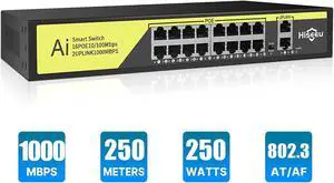 1000 MBPS Hiseeu 16 Port PoE Switch + 2 Gigabit Uplink 1000 Mbps, 250W (Each Port up to 30 W), Extend to 250 m, 802.3 af/at Compliant, Noiseless, Sturdy Metal Housing, Unmanaged Plug and Play