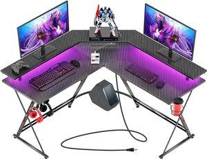 Gaming Desk 504 with LED Strip  Power Outlets LShaped Computer Corner Desk Carbon Fiber Surface with Monitor Stand Ergonomic Gamer Table with Cup Holder Headphone Hook Black