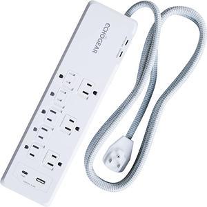ECHOGEAR Surge Protector Power Strip with USB-A & USB-C Ports - Low Profile Design with Braided 6' Cord, Flat Plug & 2160 Joules of Multi Outlet Surge Protection - White