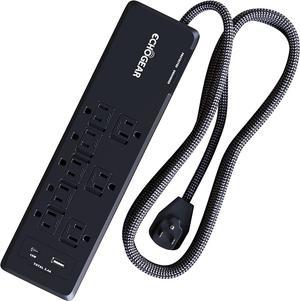 ECHOGEAR Surge Protector Power Strip with USB-A & USB-C Ports - Low Profile Design with Braided 6' Cord, Flat Plug & 2160 Joules of Multi Outlet Surge Protection - Black