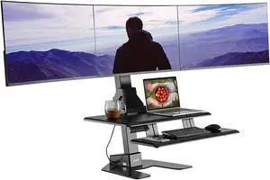 Triple 32" Monitor Electric Standing Desk Extra Large 28"x 16" Spacious Tabletop Motorized Automatic Height Adjustable Sit to Stand Table Sturdy Small Footprint Huge Keyboard Tray