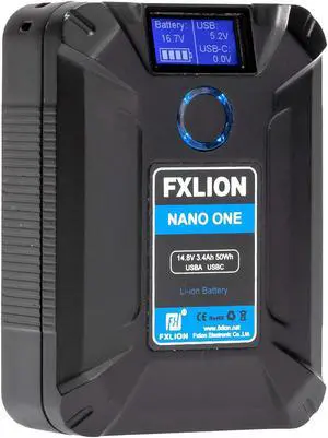 FXLION Nano ONE V Mount/V-Lock Battery 3400mAh(50Wh/14.8V) with D-TAP,USB-C,USB-A, Micro USB Plugs,10oz Mini for Cameras, Camcorders, LED Lights, Monitors, MacBook and Smartphone
