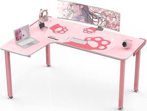 Gaming Desk,60 Inch Pink L-Shaped Computer Desk, Corner Desk Gamer Desk Game Table with Free Mouse Pad for Girls Home Office Wood & Metal Space-Saving,Easy to Assemble,Pink