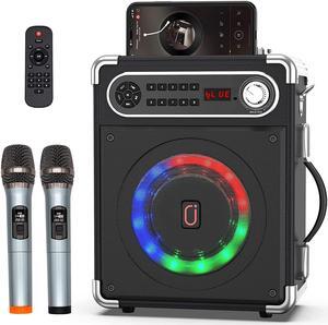 Bluetooth Speaker with Two Wireless Microphones, Portable Wireless Speaker with Bass/Treble Adjustment, Remote Control and LED Lights, Supports TF Card/USB, AUX-in, FM, REC for Party