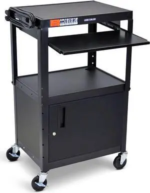 AV Cart with Locking Cabinet | Height Adjustable Utility Cart with Extra Storage | Power Strip and Cord Management | Great for Presentations (Black / 24 x 18)