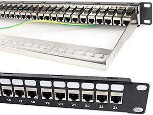 24 Port CAT6A RJ45 Through Coupler Patch Panel with Back Bar, Wallmount or Rackmount, Compatible with Cat5, Cat5e, Cat6, Cat6A, UTP STP Cabling (CAT6a Shielded, 24-Port)