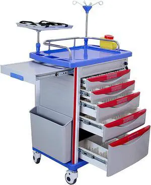 Medical Crash Cart with Emergency Accessory - Cardiac Board, IV Pole, O2 Holder, Power Strip, Trash Bin, Drawers with Dividers - Mobile Emergency Cart for Hospitals and Clinics