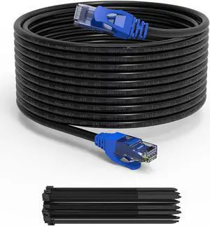 Cat6 Outdoor Cable - 100FT Cat 6 Ethernet Cable, 24AWG CCA, UTP(Unshielded), Waterproof, UV Resistant, Direct Burial, Network, Internet, RJ45 LAN with 25 Cable Ties