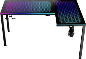 ERGONOMIC 60" L Shaped RGB LED Gaming Desk, Music Sync Lights Up Tempered Glass Desktop GTG L60 Reversible Home Office Corner Computer Table W Cup Holer Headset Hook Cable Ties, APP Control