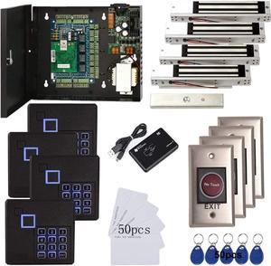 4 Doors Access Control System Infrared No Touch Exit Keypad Scanner 600lbs Electric Magnetic Lock 110V Metal Power Box RFID Reader RFID Card Key Fob(Phone APP remotely Open Door)