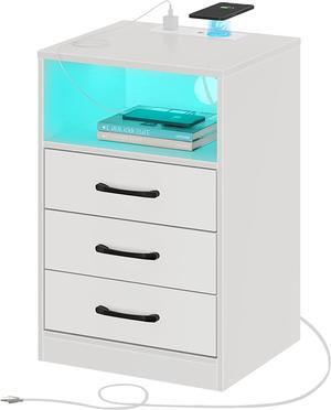 Nightstand with Wireless Charging Station and LED Lights, Modern End Side Table with 3 Drawers and Open Storage for Bedroom,White