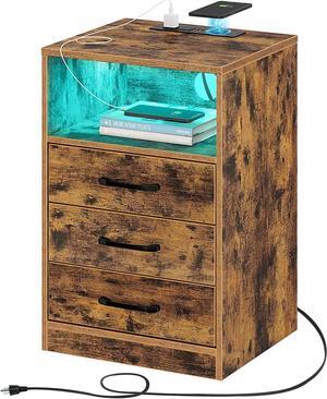 Nightstand with Wireless Charging Station and LED Lights, Rustic End Side Table with 3 Drawers and Open Storage for Bedroom, Rustic Brown