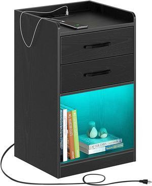 Nightstand with Charging Station and LED Lights, Modern Design End Side Table with 2 Drawers, Nightstand Storage Cabinet for Bedroom, Black