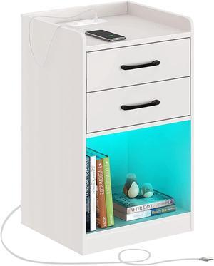 Nightstand with Charging Station and LED Lights,Modern Design End Side Table with 2 Drawers, Nightstand Storage Cabinet for Bedroom, White