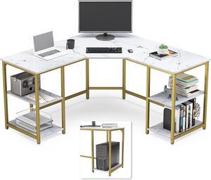 Large L-Shaped Computer Desk with Shelves, Corner Desk, Home Office Writing Workstation, Gaming Desk PC Latop Table with Storage - White Marbling+ Gold Frame