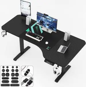 L-Shaped Electric Standing Desk, 63 inches Height Adjustable Stand up Table, sit Stand Desk with Cup Holder, Headphone Hook, Cable Manager, and Mouse pad, Carbon Fiber Textured Panel