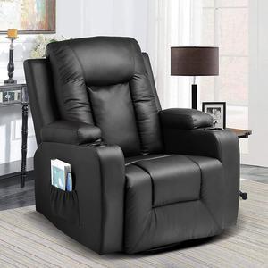 Leather Recliner Chair Modern Rocker with Heated Massage Ergonomic Lounge 360 Degree Swivel Single Sofa Seat with Drink Holders Living Room Chair (Black)