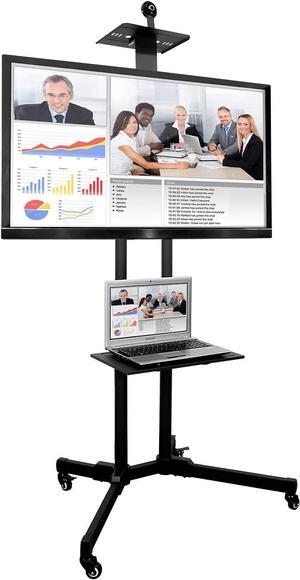 TV Cart Mobile TV Stand Wheeled Height Adjustable Flat Screen Television Floor Stands with Rolling Casters and Shelf, VESA Compatible TV Mount Bracket Fits Displays 37 to 70 Inch, 110 Lbs