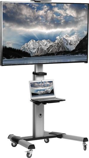Aluminum Mobile TV Cart for 32  83 inch Screens up to 110 lbs LCD LED OLED 4K Smart Flat Curved Panels Heavy Duty Stand with DVD Shelf Locking Wheels Max VESA 600x400 Silver
