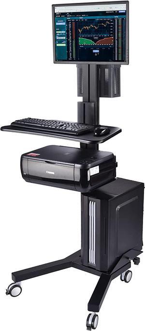 Rolling Computer Cart Adjustable Mobile PC Standing Workstation with Monitor Mount Keyboard Tray Printer CPU Holder Wheels for Shop Home Office Black