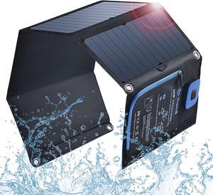 28W SunPower Solar Panel with Digital Ammeter, Portable Solar Panel Charger with Dual USB(5V/4A Overall), IPX4 Waterproof, Compatible with iPhone 11/Xs/X/8/7, iPad, Samsung, Google Pixel etc.