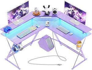 Gaming Desk 50.4 with LED Strip & Power Outlets, L-Shaped Computer Corner Desk Carbon Fiber Surface with Monitor Stand, Ergonomic Gamer Table with Cup Holder, Headphone Hook, Purple