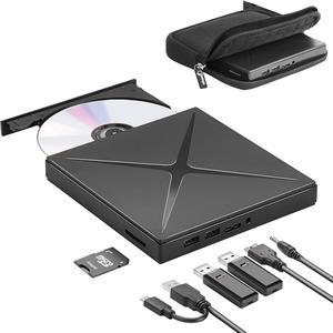 External DVD Drive, USB 3.0 Type-C CD DVD +/-RW Drive with 2 USB Ports, TF/SD Reader & Storage Case, Portable Optical Disk Drive CD Burner Reader for Laptop Desktop PC Windows Linux OS Apple Mac