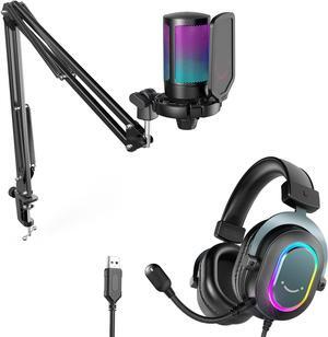 FIFINE Gaming Microphone and USB Streaming Headset Kit, PC Podcast Condenser Mic with Boom Arm, Pop Filter, Mute, Wired Headphones with 7.1 Surround Sound, for Streaming, Twitch, Online Chat