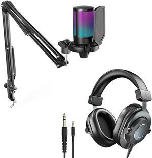 Podcast Condenser Mic Kit and 3.5mm/6.35mm Wired Headphones, RGB Computer Mic for PS4/5 PC Gamer Youtuber, Streaming Monitoring Black Headphones with Detachable Coiled Cables, on PC/Mixer (A6T+H8)