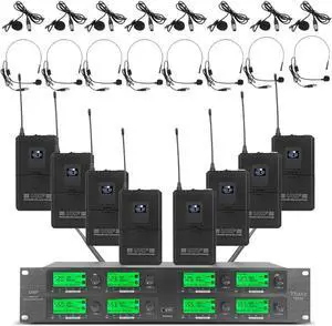 UHF Wireless Microphone System 8 Channel 8 Lavalier Bodypacks 8 Lapel Mic 8 Headsets for Karaoke System Church Speaking Conference Wedding Party