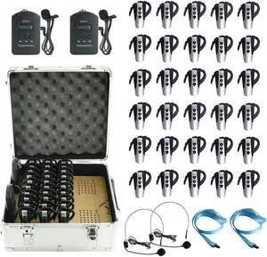 2.4G Hands-free Audio Tour Guide System with 9999 Channel ID for Interpreter to Simultaneous Interpretation,for Tour Guide to travel(2 Transmitters 30 Receivers & 32-slot Charge Case)