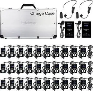Case of 2 Transmitter 30 Receiver 1 Charging Case, Retekess T130, Tour Guide Audio System with 2 TT123 Wireless Microphone, Church Translation Equipment for Factory, School, Training