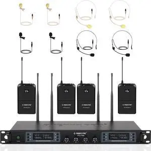 Wireless Microphone System, Phenyx Pro Quad Channel Wireless Mic Set w/ 4 Bodypacks and Headsets/Lapel Mics, 4x40 Channels, Auto Scan,328ft Coverage, Cordless Mic for Singing, DJ, Church