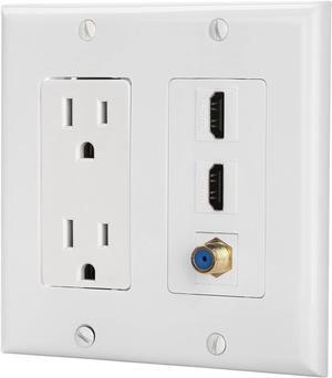IBL-15A Power Outlet, 2 Port HDMI, 1 Coax Cable TV Gold-Plated F Type - Wall Plate in White