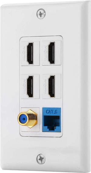 IBL-6 Port Wall Plate with 1 Port Cat6+ 4 Port HDMI +1 Port Gold-Plated F Type coaxial Cable TV Keystone Female to Female Jack in White