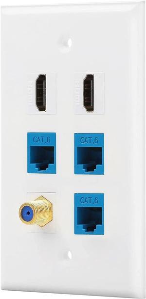 IBL-6 Port Wall Plate 3 Port Cat6+ 2 Port HDMI +1 Port Gold-Plated F Type coaxial Cable TV Keystone Female to Female Jack in White