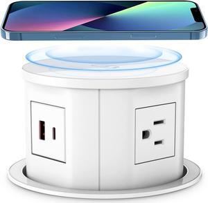 Automatic Pop Up Outlet for Countertop, 4.7inch Retractable Recessed Pop Up Socket with 15W Wireless Charger, 4 AC Plug, PD 20W USB-A and USB-C 6FT Cord for Conference Kitchen Garage Workbench (White)