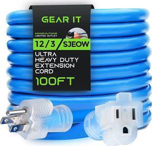 GearIT 12/3 Outdoor Extension Cord (100 Feet) 12 AWG Gauge - 3 Prong Plug - SJEOW Extreme Heavy Duty Cold Weather Indoor/Outdoor - Lighted LED Plug, Oil Water Weather Resistant - 100ft