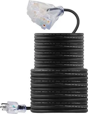 100 FT 14/3 Outdoor Extension Cord - SJEOW Rubber, Flexible, Triple Outlet, Black Wire with Live Power Light Indicator. 13 Amp