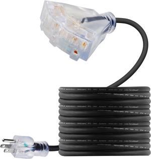 15 FT 14/3 Outdoor Extension Cord - SJEOW Rubber, Flexible, Triple Outlet, Black Wire with Live Power Light Indicator. 15 Amp