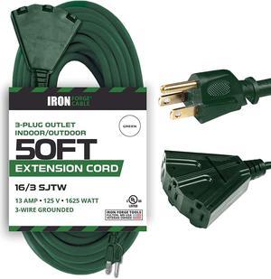 50 Foot Outdoor Extension Cord with 3 Electrical Power Outlets - 16/3 SJTW Durable Green Cable with 3 Prong Grounded Plug for Safety - Great for Powering Outdoor Christmas Decorations