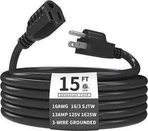 Outdoor Extension Cord 15 FT Waterproof, 16/3 Gauge Black Heavy Duty 3 Prong Extension Cord, 13A 1625W SJTW, ETL Listed, Great for Garden and Home