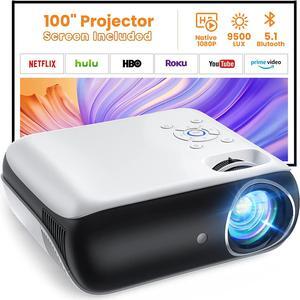 Projector, Native 1080P Bluetooth Projector with 100''Screen, 9500L Portable Outdoor Movie Projector Compatible with Smartphone, HDMI,USB,AV,Fire Stick, PS5