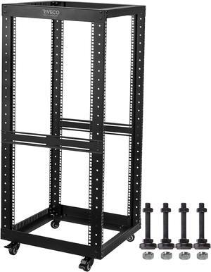 25U Open Frame Server Rack with Wheels- Heavy Duty 4 Post Quick Assembly 19-inch Support 600KG Equipment Thick Cold Rolled Steel Cabinet Black